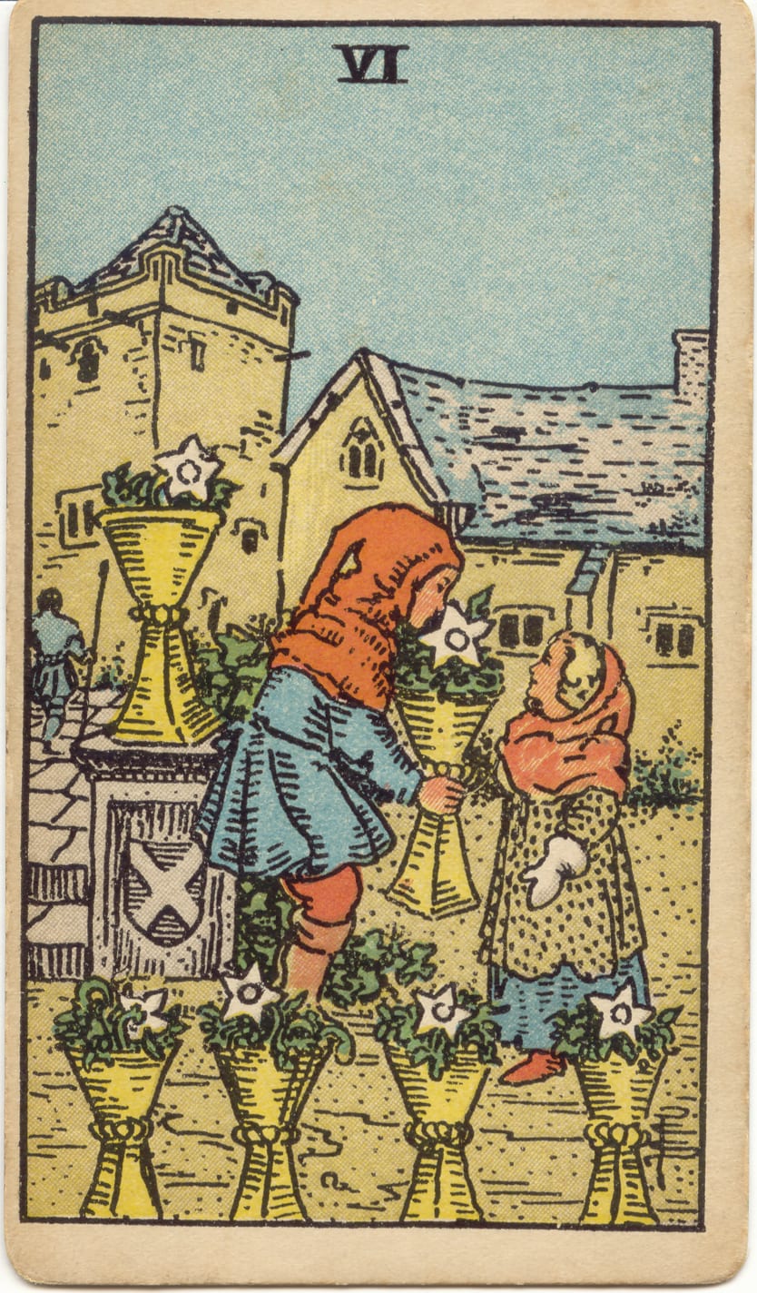 Kupaların Altılısı Rider–Waite–Smith tarot kartı