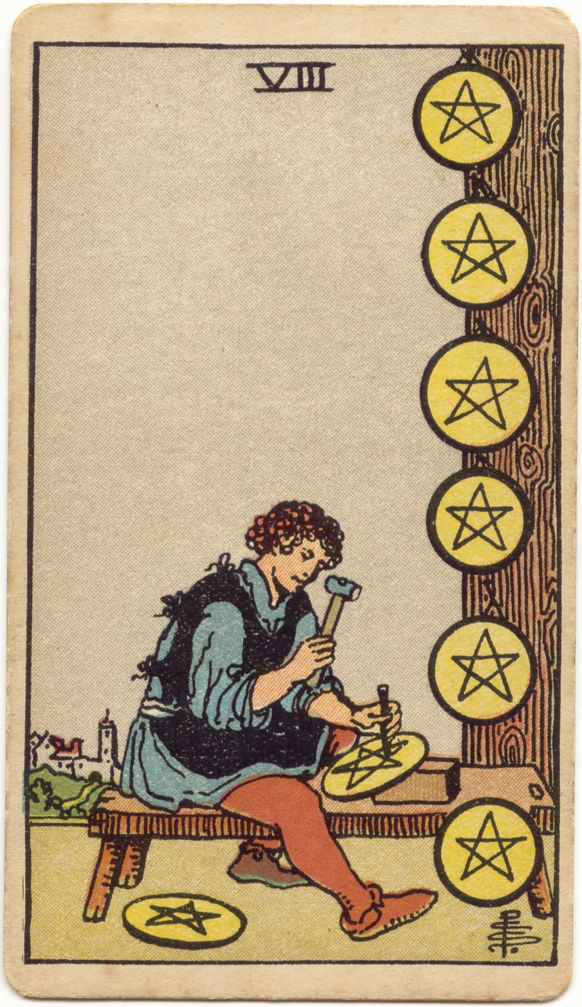 Pentagramların Sekizlisi Rider–Waite–Smith tarot kartı