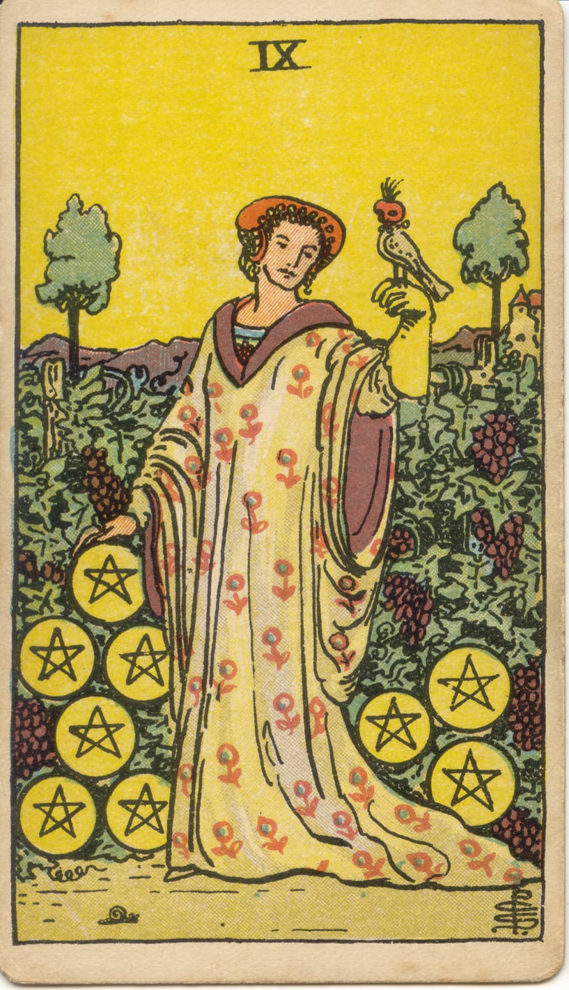 Pentagramların Dokuzlusu Rider–Waite–Smith tarot kartı