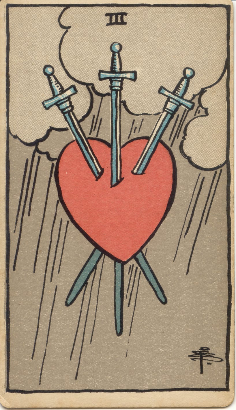 Kılıçların Üçlüsü Rider–Waite–Smith tarot kartı