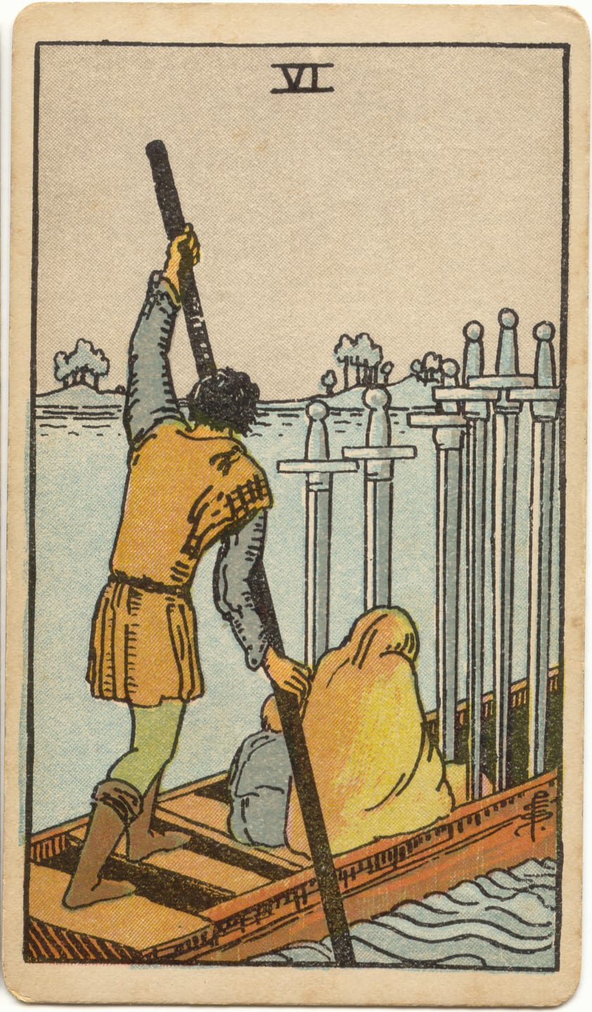 Kılıçların Altılısı Rider–Waite–Smith tarot kartı
