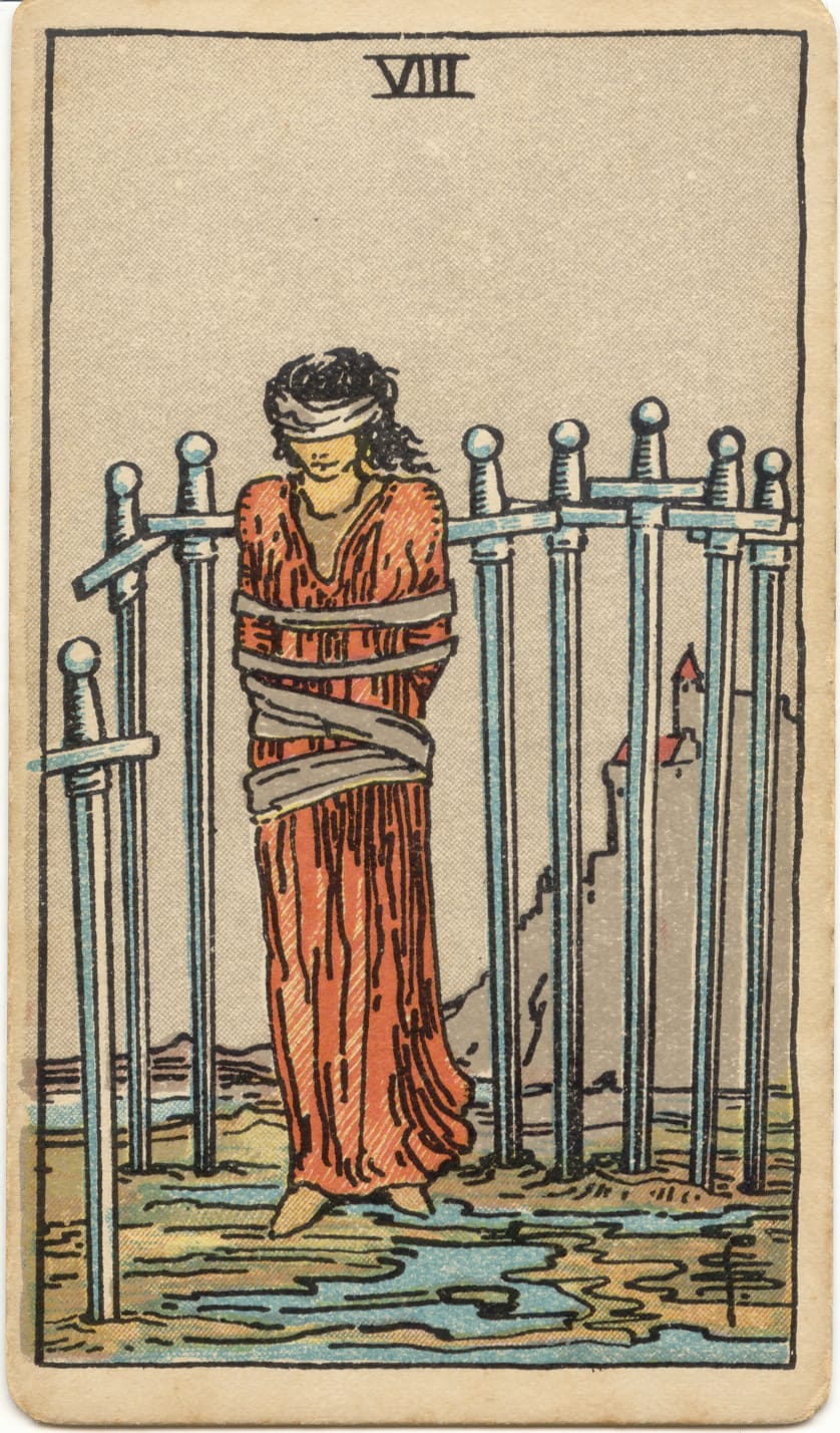 Kılıçların Sekizlisi Rider–Waite–Smith tarot kartı