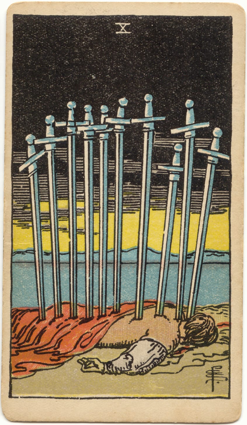 Kılıçların Onlusu Rider–Waite–Smith tarot kartı