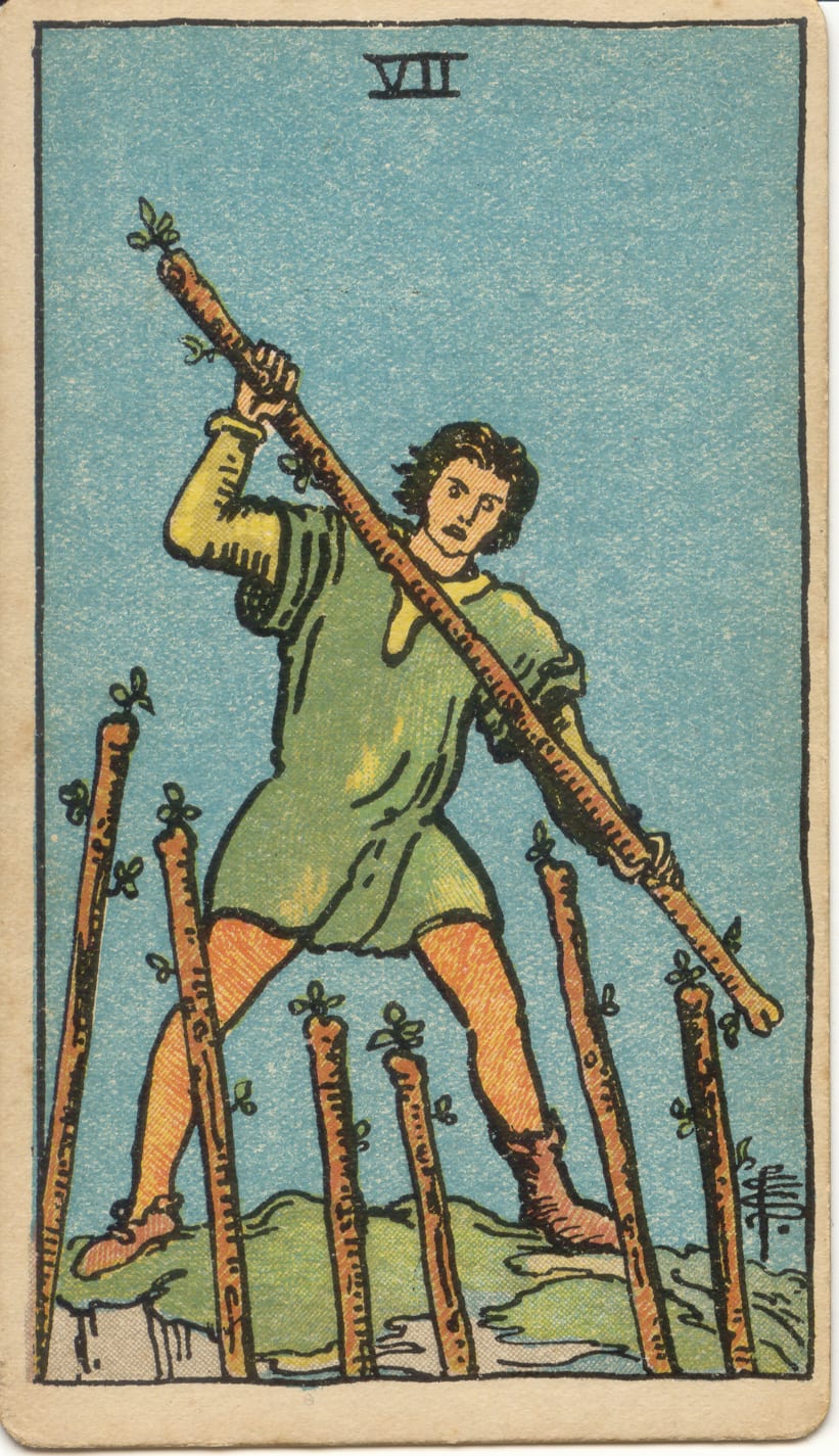 Asaların Yedilisi Rider–Waite–Smith tarot kartı