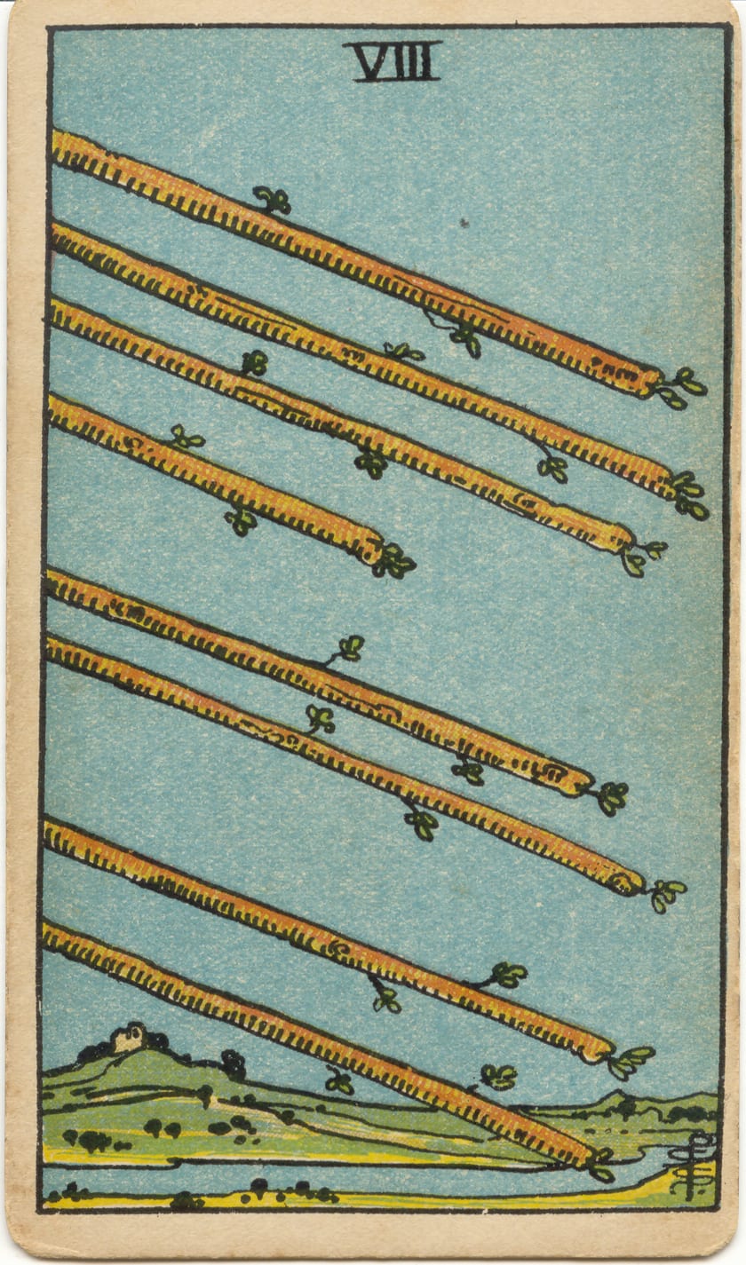 Asaların Sekizlisi Rider–Waite–Smith tarot kartı